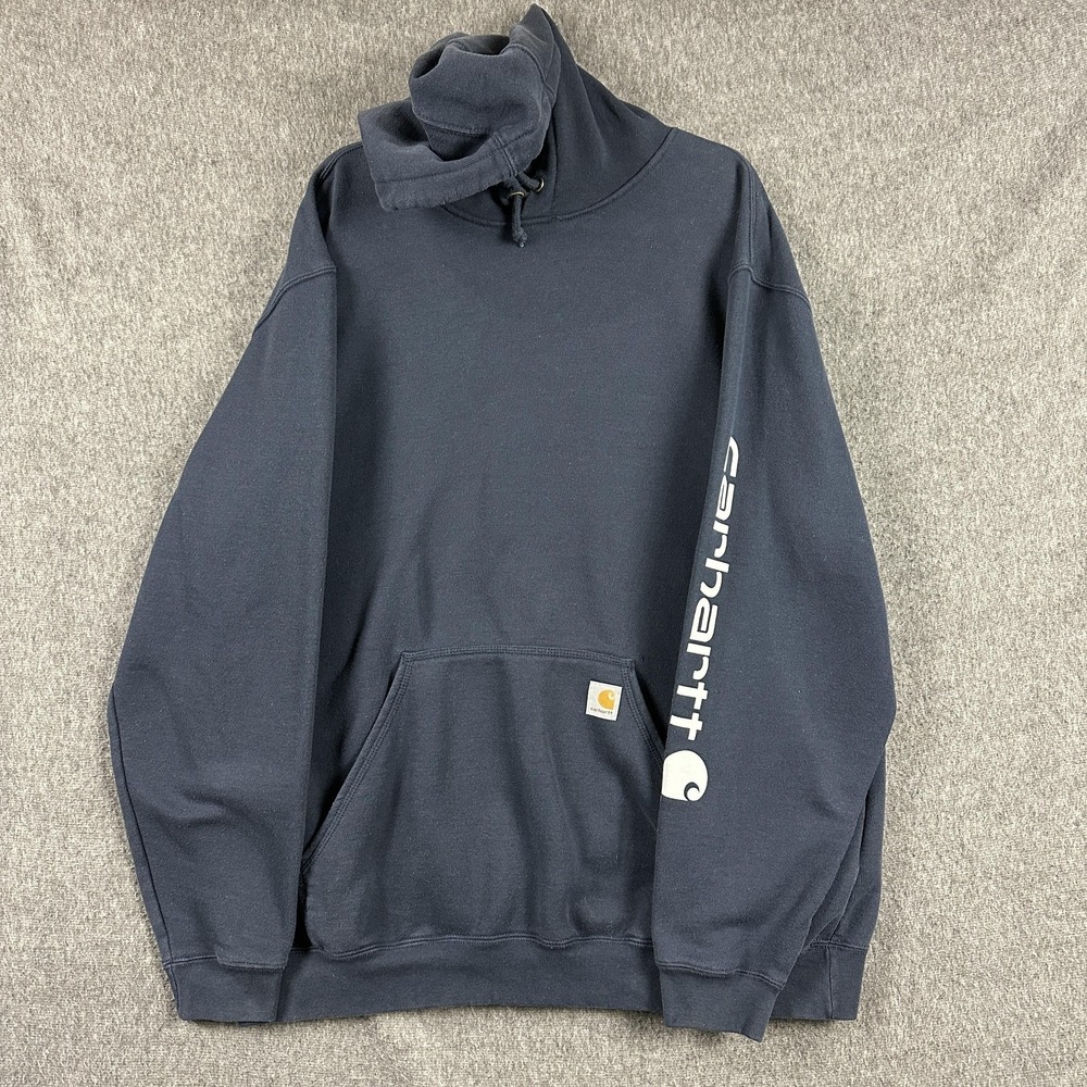 Carhartt Hoodie Sweatshirt Mens 2XLT Blue Loose Fit Sleeve Logo Fleece TS0288